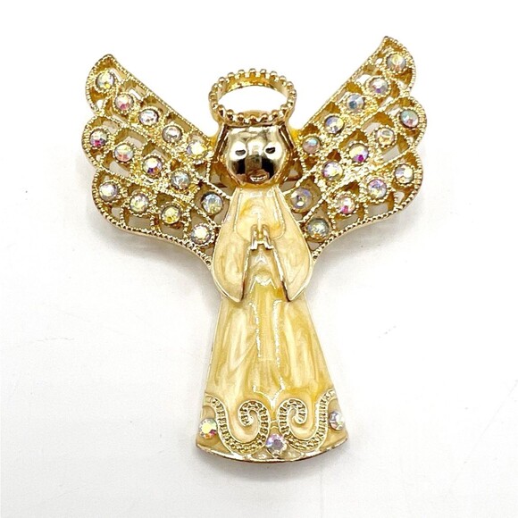 Monet Gold Tone Enameled Angel Brooch Pin  Rhinestones Wings Holiday 2.25" - Picture 2 of 5